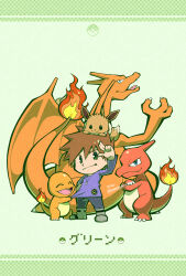 04sora40 1boy absurdres blue_oak brown_hair character_name charizard charmander charmeleon chibi commentary creatures_(company) eevee evolutionary_line game_freak gen_1_pokemon green_eyes highres jewelry male_focus necklace nintendo on_head pokemon pokemon_(creature) pokemon_on_head pokemon_rgby purple_shirt shirt short_hair spiked_hair twitter_username