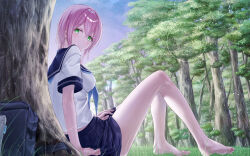 Rule 34 | 1girl, absurdres, bag, barefoot, blue neckerchief, blue sailor collar, blue skirt, blush, breasts, closed mouth, highres, looking at viewer, medium breasts, meen (ouaughikepdvrsf), neckerchief, original, outdoors, pink hair, pleated skirt, sailor collar, school bag, school uniform, short sleeves, sitting, skirt, smile, solo, tree