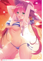 Rule 34 | 1girl, :d, arms behind head, arms up, backlighting, barefoot, bikini, bow, breasts, cleavage, cloud, crop top, flower, gluteal fold, green eyes, groin, hair bow, hair flower, hair ornament, halterneck, hat, highres, large breasts, long hair, looking at viewer, nanohana kohina, navel, open clothes, open mouth, open shirt, orange sky, otona no moeoh, red hair, shirt, short sleeves, side-tie bikini bottom, sky, smile, solo, stomach, straw hat, string bikini, striped bikini, striped clothes, sunset, swimsuit, thighs, twintails, very long hair, white shirt