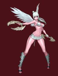 Rule 34 | 1girl, armor, armpits, bare shoulders, bikini armor, black eyes, breasts, chain, closed mouth, dual wielding, feathered wings, fingerless gloves, full body, gloves, gluteal fold, groin, high ponytail, highres, holding, holding weapon, long hair, looking away, looking to the side, mabinogi, mabinogi heroes, medium breasts, microskirt, navel, preter, shin guards, silver hair, skirt, solo, standing, stomach, underboob, weapon, white gloves, white phoenix wing, white wings, wings