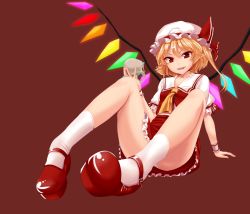 Rule 34 | 1girl, arm support, ascot, bad id, bad pixiv id, bare legs, blonde hair, collarbone, colorized, embodiment of scarlet devil, fangs, female focus, flandre scarlet, foreshortening, full body, hat, legs, mary janes, mx2j, panties, pantyshot, pointy ears, red background, red eyes, shoes, short hair, side ponytail, simple background, sitting, skirt, skull, smirk, socks, solo, touhou, tsurime, underwear, upskirt, vest, white panties, white socks, wings, wrist cuffs