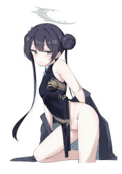 Rule 34 | 1girl, absurdres, black dress, black jacket, blue archive, blush, breasts, butterfly hair ornament, china dress, chinese clothes, double bun, dragon print, dress, grey eyes, hair bun, hair ornament, halo, highres, jacket, unworn jacket, kisaki (blue archive), komasi, long hair, looking at viewer, no panties, pelvic curtain, pinstripe jacket, pinstripe pattern, print dress, small breasts, solo, striped, twintails