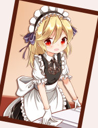 Rule 34 | 1girl, :d, absurdres, apron, black dress, black hairband, black ribbon, blonde hair, blush, bow, collared shirt, commentary request, dress, frilled apron, frilled hairband, frills, girls&#039; frontline, gloves, hair between eyes, hair bow, hairband, highres, long hair, matsuo (matuonoie), nagant revolver (girls&#039; frontline), neck ribbon, open mouth, photo (object), pleated dress, puffy short sleeves, puffy sleeves, purple bow, red eyes, ribbon, shirt, short sleeves, sleeveless, sleeveless dress, smile, solo, striped, striped bow, waist apron, white apron, white bow, white gloves, white shirt