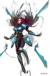 Rule 34 | 1girl, alternate color, alternate costume, alternate hair color, armor, artist request, blade, breasts, breasts apart, faulds, full body, grey eyes, half-closed eyes, highres, infiltrator irelia, irelia, league of legends, legs together, lips, lipstick, long hair, looking at viewer, makeup, medium breasts, pauldrons, pelvic curtain, purple hair, realistic, shoulder armor, solo, watermark, web address, white background