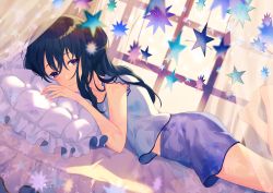 Rule 34 | 1girl, achiki, barefoot, bed, black hair, blush, closed mouth, commentary request, curtains, day, dutch angle, fingernails, formal, frilled pillow, frills, hair between eyes, legs up, long hair, lying, on bed, on stomach, original, pillow, purple eyes, purple skirt, short sleeves, skirt, smile, solo, star (symbol), suit, sunlight, transparent, white suit, window