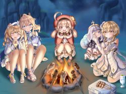 Rule 34 | 3d background, 5girls, :d, ;), ^ ^, absurdres, ahoge, ass, barbara (genshin impact), barbara (summertime sparkle) (genshin impact), beach, black scarf, bloomers, blue eyes, blue one-piece swimsuit, blurry, bonfire, boots, bow, breasts, brown eyes, brown footwear, brown gloves, brown scarf, cabbie hat, chicken-mushroom skewer (genshin impact), choker, cleaning, cleavage, closed eyes, cloud, cloudy sky, clover print, coat, commentary request, cooking, cooler, cup, depth of field, detached sleeves, dress, drink, drinking glass, fire, fish, fish (food), floating, flower, genshin impact, gloves, hair between eyes, hair bow, hair flower, hair ornament, hair ribbon, handkerchief, hat, hat ornament, headpat, highres, holding, holding cup, holding handkerchief, huge filesize, jean (genshin impact), jean (sea breeze dandelion) (genshin impact), klee (genshin impact), knee boots, kneehighs, knees together feet apart, kuma piv, leaning forward, light brown hair, long hair, long sleeves, looking at another, low twintails, lumine (genshin impact), multiple girls, night, night sky, ocean, one-piece swimsuit, one eye closed, open mouth, orange eyes, paimon (genshin impact), plate, pocket, pointy ears, ponytail, red coat, red headwear, ribbon, roasting, scarf, short hair, short hair with long locks, sidelocks, single thighhigh, sitting, skewer, sky, smile, socks, swimsuit, thighhighs, twintails, underwear, wariza, white dress, white legwear, white scarf, wine glass
