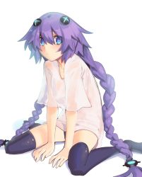 Rule 34 | 1girl, between legs, blouse, blue eyes, blush, boa (brianoa), braid, choujigen game neptune, closed mouth, convenient arm, hair between eyes, hair ornament, hand between legs, highres, leaning forward, long hair, looking at viewer, neptune (series), purple hair, purple heart (neptunia), purple thighhighs, shirt, short sleeves, simple background, sitting, solo, symbol-shaped pupils, thighhighs, twin braids, very long hair, wariza, white background, white shirt