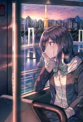 Rule 34 | 1girl, black hair, black jacket, blazer, blurry, bow, bowtie, building, bus interior, cardigan, city, cityscape, collared shirt, commentary request, depth of field, expressionless, hair ornament, hairclip, hand up, headphones, headphones around neck, highres, huwari (dnwls3010), jacket, long hair, looking away, open clothes, open jacket, original, red eyes, revision, school uniform, shirt, sidelocks, solo, sunset, white shirt, wing collar