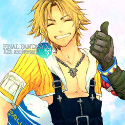 Rule 34 | 1boy, black overalls, blitzball, blonde hair, chain, chain necklace, closed eyes, commentary request, earrings, english text, final fantasy, final fantasy x, gloves, grin, jewelry, male focus, necklace, overalls, short hair, single earring, smile, tasaka (256505), thumbs up, tidus