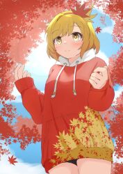 Rule 34 | 1girl, aki shizuha, autumn leaves, bare legs, black panties, blonde hair, blue sky, breasts, closed mouth, commentary request, day, falling leaves, from below, hair ornament, happy, highres, hood, hood down, hoodie, leaf, leaf hair ornament, leaf print, long sleeves, mizune (winter), orange hoodie, outdoors, panties, puffy sleeves, short hair, sky, small breasts, smile, solo, touhou, underwear, yellow eyes