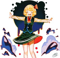 Rule 34 | 1girl, :d, arms at sides, ascot, black skirt, blonde hair, blush, bob cut, bow, bowtie, brooch, circle, closed eyes, commentary request, darkness, dripping, facing viewer, fangs, feet out of frame, hair ribbon, highres, jewelry, long sleeves, mikan (mimimimikandesu), open mouth, outstretched arms, red bow, red neckwear, red ribbon, ribbon, rumia, shirt, short hair, signature, skirt, skirt set, smile, solo, spread arms, teeth, touhou, upskirt, vest, white background, white shirt