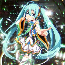 Rule 34 | 1girl, alternate costume, aqua eyes, aqua hair, boots, detached sleeves, grin, hand on headphones, hatsune miku, headphones, headset, highres, lens flare, lens flare abuse, long hair, looking at viewer, necktie, pointing, pointing at viewer, skirt, smile, solo, tanashi (mk2), thigh boots, thighhighs, twintails, very long hair, vocaloid