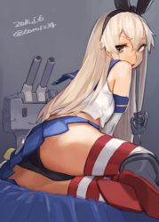 Rule 34 | 10s, 1girl, anchor hair ornament, arm support, ass, black eyes, black panties, dated, elbow gloves, female focus, from behind, gloves, hair between eyes, hair ornament, hair ribbon, hairband, kantai collection, long hair, looking at viewer, looking back, microskirt, midriff, panties, pleated skirt, rensouhou-chan, ribbon, sailor collar, shimakaze (kancolle), sitting, skirt, solo, striped clothes, striped thighhighs, thighhighs, toro (konirio), twitter username, underwear, white gloves, yokozuwari