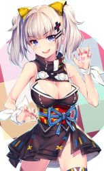 Rule 34 | 1girl, :d, akanagi youto, bare shoulders, black dress, blue eyes, blush, breasts, claw pose, cleavage, cleavage cutout, clothing cutout, commentary request, cowboy shot, dress, fingernails, hair ornament, hairclip, highres, kaguya luna, large breasts, looking at viewer, nail polish, obi, open mouth, pink nails, sash, sidelocks, silver hair, sleeveless, sleeveless dress, smile, solo, teeth, the moon studio, thighhighs, twintails, upper teeth only, v-shaped eyebrows, virtual youtuber