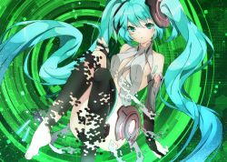 Rule 34 | 1girl, aqua eyes, aqua hair, bad id, bad pixiv id, barefoot, bridal gauntlets, colorized, elbow gloves, fingerless gloves, gloves, hatsune miku, hatsune miku (append), long hair, looking at viewer, necktie, shito (ash shito), solo, thighhighs, twintails, very long hair, vocaloid, vocaloid append, yamai fake