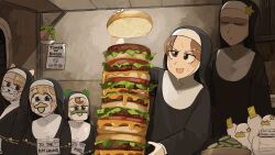 Rule 34 | 4girls, :d, bird, blonde hair, blue eyes, brown eyes, brown hair, burger, chicken, closed eyes, clumsy nun (diva), commentary, dagwood sandwich, diva (hyxpk), duck, english commentary, food, frog headband, froggy nun (diva), habit, highres, hungry nun (diva), little nuns (diva), multiple girls, nun, open mouth, plant, poster (object), potted plant, smile, spicy nun (diva), star nun (diva), star ornament, too much burger, traditional nun, yellow card, yellow eyes