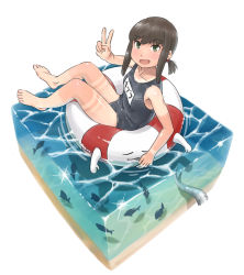Rule 34 | 1girl, black hair, black one-piece swimsuit, blue one-piece swimsuit, character name, commentary request, enemy lifebuoy (kancolle), fish, flat chest, fubuki (kancolle), green eyes, isometric, kantai collection, karasu (naoshow357), looking at viewer, low ponytail, name tag, one-piece swimsuit, open mouth, ponytail, school swimsuit, short ponytail, sidelocks, simple background, solo, swimsuit, tan, tanline, tentacles, v, water, white background