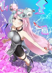 Rule 34 | 1girl, absurdres, bare arms, bike shorts, blush, breasts, clenched hand, collarbone, commentary request, creatures (company), electricity, full body, game freak, green hair, grey footwear, grey pantyhose, grey shirt, highres, holding, holding poke ball, iono (pokemon), long hair, looking up, medium breasts, multicolored hair, nintendo, no jacket, outline, pantyhose, pink hair, poke ball, poke ball (basic), pokemon, pokemon sv, shirt, shoes, single leg pantyhose, sleeveless, sleeveless shirt, solo, standing, thigh strap, twintails, two-tone hair, yuuki (nijiiro palette)