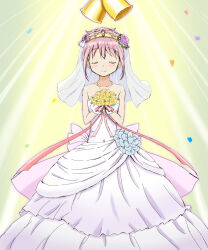 Rule 34 | 1girl, bell, bouquet, bridal veil, closed eyes, closed mouth, commentary request, confetti, dress, facing viewer, flower, hair flower, hair ornament, highres, holding, holding bouquet, kaname madoka, kinfuji, mahou shoujo madoka magica, mahou shoujo madoka magica (anime), pink flower, pink hair, pink rose, rose, short hair, smile, solo, strapless, strapless dress, tiara, veil, wedding dress, white dress