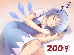 Rule 34 | 00s, 1girl, 2009, bad id, bad pixiv id, circled 9, cirno, dress, female focus, gradient background, new year, phantasmagoria of flower view, sleeping, solo, sui. (ayase), touhou