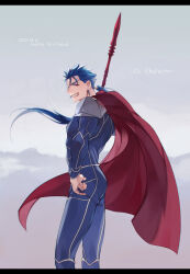 Rule 34 | 1boy, armor, blue bodysuit, blue hair, bodysuit, cape, character name, cigarette, cowboy shot, cu chulainn (fate), cu chulainn (fate/stay night), dated, fate/stay night, fate (series), gae bolg (fate), grey background, grin, hair strand, hand on own hip, happy birthday, highres, long hair, makina (nikki m7 ), male focus, ponytail, red cape, red eyes, revision, shoulder armor, smile, solo, standing