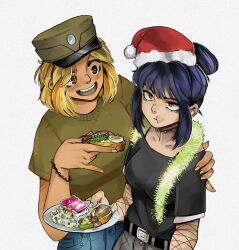 2girls angry blonde_hair blue_hair brown_eyes choker christmas commentary eva_(kavunyak) fang feeding funkiflame goth_fashion hair_bun hat highres marichka mazepynka multiple_girls naughty_face new_year original pout santa_hat short_hair smile tan ukrainian_commentary