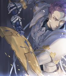 Rule 34 | 1boy, armor, arondight (fate), cape, close-up, fate/grand order, fate (series), fighting stance, gauntlets, glitter, holding, holding sword, holding weapon, knight, knights of the round table (fate), lancelot (fate/grand order), looking at viewer, male focus, manly, purple eyes, purple hair, solo, sword, upper body, weapon, yevnean