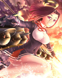 Rule 34 | 10s, 1girl, ass, black gloves, breasts, dress, glaive (polearm), gloves, grin, halo, kantai collection, large breasts, looking at viewer, machinery, mechanical halo, motomatu, polearm, purple eyes, purple hair, school uniform, searchlight, short dress, short hair, smile, solo, tatsuta (kancolle), torpedo, underbust, water