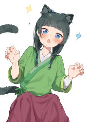 Rule 34 | 1girl, animal ears, bandaged arm, bandages, blue eyes, blunt bangs, blush, cat ears, cat tail, chinese clothes, claw pose, freckles, hanfu, highres, kusuriya no hitorigoto, maomao (kusuriya no hitorigoto), multi-tied hair, open mouth, tail, white background, wide sleeves, yadon otaku