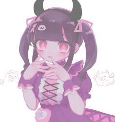 Rule 34 | 1girl, black hair, blush, demon horns, denonbu, dress, frills, hair ornament, highres, horns, long hair, looking at viewer, pikaeru, pink eyes, pomemori, puffy short sleeves, puffy sleeves, purple dress, reml, ribbon, short sleeves, sidelocks, simple background, smile, solo, tongue, tongue out, twintails, upper body, white background, wrist cuffs