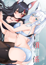 Rule 34 | 2girls, ahoge, animal ear fluff, animal ears, ass, bangs, black bra, black choker, black hair, black pantyhose, black thighhighs, blue bra, blue panties, bra, braid, breasts, choker, commentary request, extra ears, fang, fox ears, fox girl, fox tail, green eyes, hair between eyes, hair ornament, hairclip, highres, holding hands, hololive, large breasts, long hair, looking at viewer, multiple girls, ookami mio, open mouth, panties, pantyhose, red hair, shirakami fubuki, sidelocks, single braid, single thighhigh, skin fang, smile, sumikoto, tail, thigh strap, thighhighs, translation request, underwear, virtual youtuber, white hair, wolf ears, wolf girl, wolf tail
