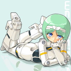 Rule 34 | 10s, bad id, bad pixiv id, blue eyes, blush, busou shinki, dd (ijigendd), doll joints, green hair, joints, lying, on stomach, short hair, solo, the pose, werkstra