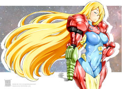 Rule 34 | 1girl, arm cannon, armor, artist name, bayeuxman, blonde hair, blue eyes, bodysuit, breasts, breasts apart, cowboy shot, floating hair, from side, hair over one eye, half-closed eyes, hand on own hip, highres, impossible bodysuit, impossible clothes, large breasts, long hair, looking at viewer, metroid, nintendo, power armor, samus aran, shadow, sky, space, star (sky), starry sky, turtleneck, varia suit, very long hair, watermark, weapon, web address, zero suit