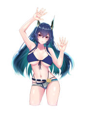 Rule 34 | 1girl, absurdres, against glass, aqua hair, arknights, arm up, armpits, bare arms, bare shoulders, bikini, bikini under clothes, blue bikini, blue hair, breast press, breasts, ch&#039;en (arknights), ch&#039;en the holungday (arknights), ch&#039;en the holungday (elite ii) (arknights), cleavage, collarbone, commentary request, contrapposto, cropped legs, dragon horns, gluteal fold, gradient hair, grey shorts, highres, horns, large breasts, leone (kamina0205), looking at viewer, multicolored hair, navel, no tail, open clothes, open fly, open shorts, parted lips, purple eyes, short shorts, shorts, simple background, solo, stomach, swimsuit, underboob, white background