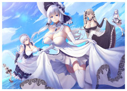 Rule 34 | 5girls, absurdres, ahoge, apron, arm guards, azur lane, bare shoulders, belfast (azur lane), blue gemstone, braid, breasts, center frills, chain, choker, cleavage, clothes lift, clothing cutout, collar, collarbone, commentary, corset, covered erect nipples, cowboy shot, day, dido (azur lane), dress, dress lift, elbow gloves, formidable (azur lane), french braid, frilled choker, frilled dress, frills, full body, garter straps, gem, gloves, hairband, high heels, highres, illustrious (azur lane), lace-trimmed hairband, lace trim, large breasts, long hair, looking at viewer, maid, maid apron, maid headdress, mole, mole under eye, multiple girls, neckwear between breasts, red eyes, serelith, short hair, shoulder cutout, sidelocks, sirius (azur lane), skindentation, sleeveless, sleeveless dress, smile, standing, standing on liquid, swept bangs, thighhighs, thighs, twitter username, two-tone ribbon, underboob, very long hair, waist apron, white apron, white dress, white hair, white legwear