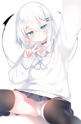 Rule 34 | 1girl, black skirt, black thighhighs, blue eyes, blush, bow, bowtie, closed mouth, collared shirt, commentary request, hair between eyes, highres, long sleeves, looking at viewer, original, otokuyou, panties, ringo-chan (otokuyou), selfie, shirt, sitting, skirt, solo, sweater, tail, thighhighs, thighs, underwear, v, white bow, white bowtie, white hair, white panties, white shirt, white sweater