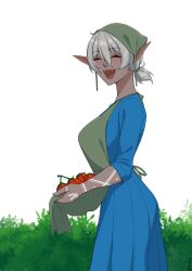 Rule 34 | 1girl, absurdres, apron, apron hold, arm markings, blue dress, bonnet, commentary, dark-skinned female, dark elf, dark skin, dress, elf, english commentary, fangs, green apron, highres, mawaridi, original, outdoors, plant, pointy ears, smile, solo, tomato, white background, yvonne (mawaridi)