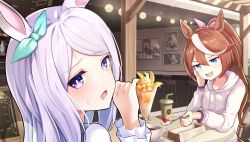 Rule 34 | 2girls, animal ears, blue eyes, breasts, brown hair, cafe, commentary, cup, disposable cup, drinking straw, hair between eyes, head rest, high ponytail, highres, hood, hoodie, horse ears, horse girl, long hair, long sleeves, looking at viewer, looking back, medium breasts, mejiro mcqueen (umamusume), multicolored hair, multiple girls, offering, on chair, open mouth, outstretched hand, parfait, ponytail, purple eyes, shirt, sitting, smug, streaked hair, sunny (20597521), sweat, tea, teacup, tokai teio (umamusume), two-tone hair, umamusume, upper body, white hair, white hoodie