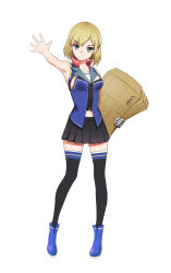 Rule 34 | 10s, 1girl, absurdres, blonde hair, blue eyes, cross-laced clothes, envelope, highres, holding, miyamori aoi, outstretched arm, pleated skirt, shirobako, short hair, skirt, smile, solo, thec, thighhighs, white background, zettai ryouiki