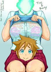 Rule 34 | 1girl, bad id, bad pixiv id, blue eyes, blue fire, blush, bra, bra visible through clothes, breasts, brown hair, closed mouth, clothes lift, commentary, commentary request, demi-chan wa kataritai, disembodied head, dullahan, feet out of frame, fire, gradient background, holding head, huge breasts, large breasts, looking at viewer, machi kyouko, monster girl, neone, pleated skirt, school uniform, see-through, shirt, shirt lift, short hair, short sleeves, sitting, skirt, smile, solo, sweat, sweatdrop, sweater vest, underwear, wet, wet clothes, wet shirt
