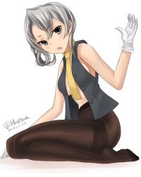 Rule 34 | 10s, 1girl, 2016, :o, arm up, artist name, asymmetrical hair, bare shoulders, blasowa, blush, brown pantyhose, buttons, crotch seam, dated, from side, gloves, grey eyes, grey hair, grey vest, kantai collection, looking to the side, necktie, no bra, nowaki (kancolle), open clothes, open mouth, open vest, pantyhose, seiza, short hair, simple background, sitting, solo, thighband pantyhose, twitter username, unbuttoned, vest, white background, white gloves, yellow necktie