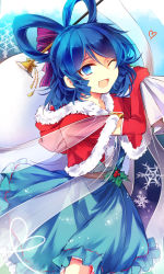 Rule 34 | 1girl, ;d, adapted costume, bag, blue dress, blue eyes, blue hair, bow, capelet, dress, elbow gloves, gloves, hair bow, hair ornament, hair rings, hair stick, heart, hood, hood down, kaku seiga, kutsuki kai, looking at viewer, matching hair/eyes, one eye closed, open mouth, over shoulder, red gloves, santa costume, sash, shawl, smile, solo, touhou