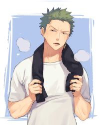 Rule 34 | 1boy, black towel, earrings, green hair, holding, holding towel, jewelry, looking at viewer, male focus, narrowed eyes, one piece, open mouth, roronoa zoro, shironegi zzz, shirt, short hair, sideburns, simple background, single earring, solo, sweat, towel, towel around neck, upper body, white shirt