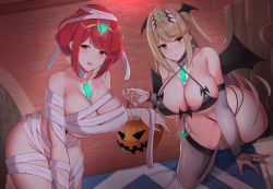 Rule 34 | 2girls, bandages, bed, bent over, bikini, black bikini, blanket, blonde hair, blush, breasts, bridal gauntlets, choker, cleavage, commentary request, criss-cross halter, crystal, demon wings, earrings, halloween, halloween bucket, halloween costume, halterneck, head wings, highres, jewelry, large breasts, multi-strapped bikini, multiple girls, mummy costume, mythra (xenoblade), nintendo, noeomi, open mouth, pillow, pyra (xenoblade), red eyes, red hair, skindentation, swimsuit, tiara, wings, xenoblade chronicles (series), xenoblade chronicles 2, yellow eyes