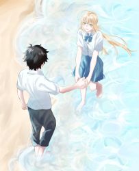 Rule 34 | 1boy, 1girl, ahoge, artoria caster (fate), artoria pendragon (fate), bad hands, barefoot, beach, black pants, blue bow, blue bowtie, blue skirt, blush, bow, bowtie, dress shirt, fate/grand order, fate (series), from above, fujimaru ritsuka (male), green eyes, hair between eyes, highres, holding hands, long hair, looking at another, pants, sana maru, shirt, skirt, smile, wading, water, white shirt