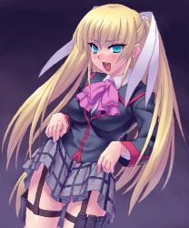 Rule 34 | 1girl, blonde hair, blue eyes, bow, clothes lift, little busters!, long hair, pink bow, skirt, skirt lift, solo, thigh strap, tokido saya, twintails, very long hair, zen