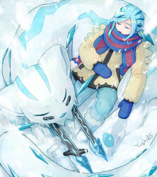 Rule 34 | 1boy, blue mittens, blue scarf, boots, chien-pao, closed eyes, commentary request, creatures (company), curled up, day, eyelashes, from above, game freak, green pants, grusha (pokemon), highres, jacket, long hair, long sleeves, male focus, mittens, nintendo, outdoors, pants, parted lips, pokemon, pokemon (creature), pokemon sv, scarf, signature, snow, snowing, striped clothes, striped scarf, yellow jacket, yuu (hguy sv)