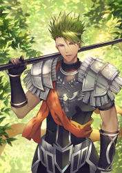 Rule 34 | 1boy, achilles (fate), armor, darkavey, fate/apocrypha, fate/grand order, fate (series), gloves, green hair, highres, holding, holding spear, holding weapon, looking at viewer, male focus, manly, polearm, scarf, signature, smile, solo, spear, spiked hair, weapon, yellow eyes