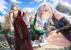Rule 34 | 3girls, arm up, barghest (fate), bird, black dress, black legwear, blonde hair, blue nails, breasts, brown eyes, detached sleeves, dog, dress, fate/grand order, fate (series), flower, gareth (fate), green dress, green eyes, hair ornament, hand in own hair, hand on own knee, heterochromia, holding, holding flower, large breasts, long hair, looking at viewer, melusine (animejapan 2022) (fate), melusine (fate), mugetsu2501, multiple girls, nail polish, official alternate costume, official art, outdoors, pantyhose, red dress, red eyes, red nails, short hair, sky, sleeveless, sleeveless dress, small breasts, smile, squatting, standing, standing on one leg, white hair
