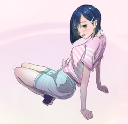 Rule 34 | 10s, 1girl, arm support, blush, bob cut, darling in the franxx, from behind, green eyes, hair ornament, hairclip, highres, ichigo (darling in the franxx), leaning back, looking back, mikuchi sunkuo, nape, open mouth, short hair, simple background, skirt, solo